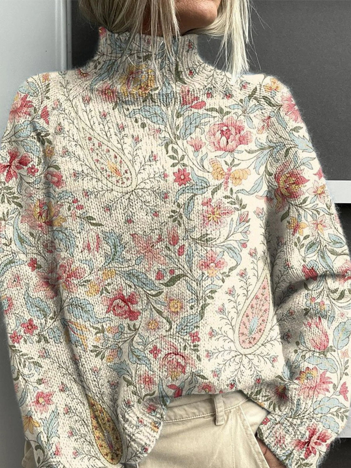 Vintage wzór paisley w kwiaty, dzianinowy golf