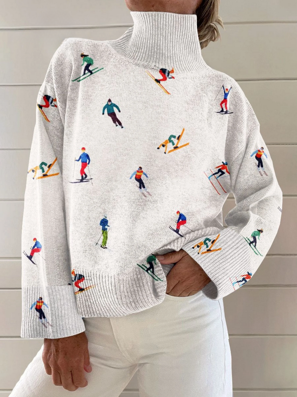Vintage Zimowy Sweter z Wzorem Narciarskim