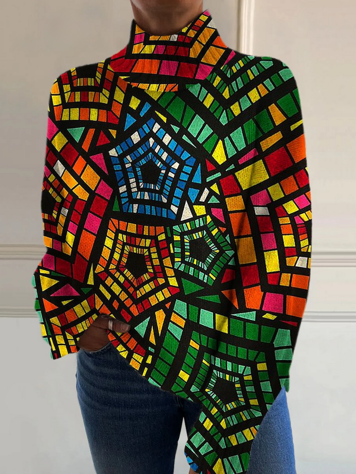Retro Abstrakcyjny Kolorowy Pięciokątny Geometria Sztuki Drukowana Sweter z Golfem
