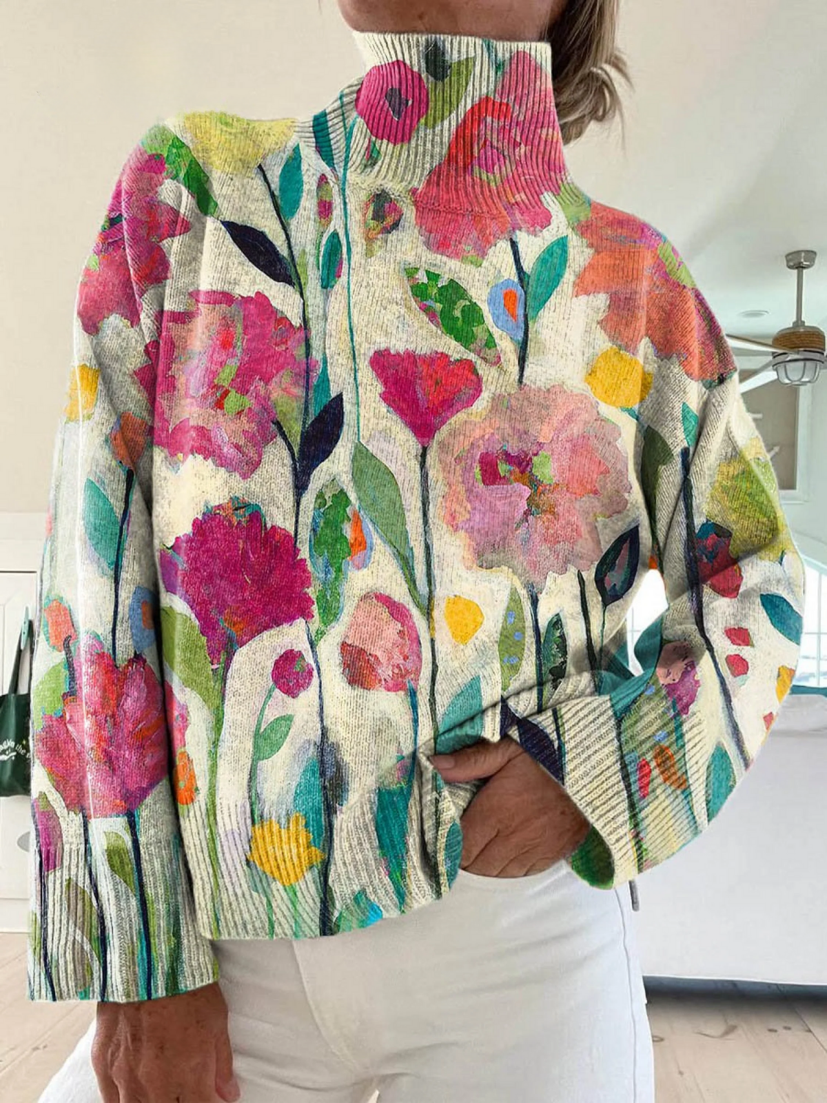 Kobiece Vintage Urocze Kwiatowe Art Print Sweter z Golfem