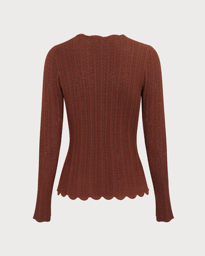 Damski brązowy sweter o okrągłym dekolcie