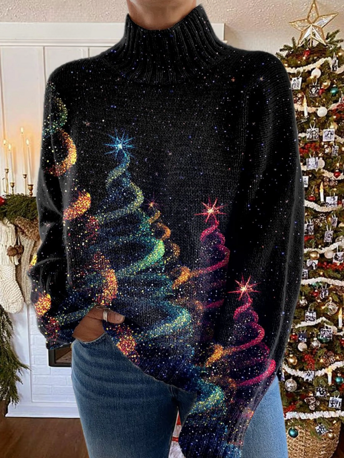 Sweter z nadrukiem choinki z brokatem