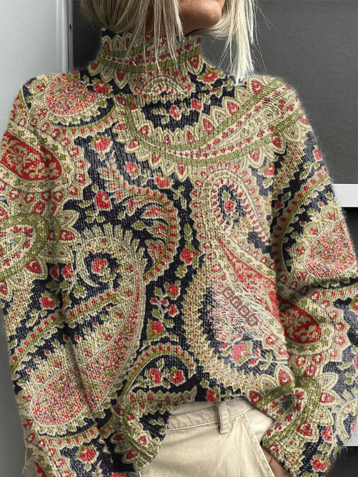 Kobiece Vintage Urocze Kwiatowe Artystyczne Wzory Dzianinowy Golf Sweter