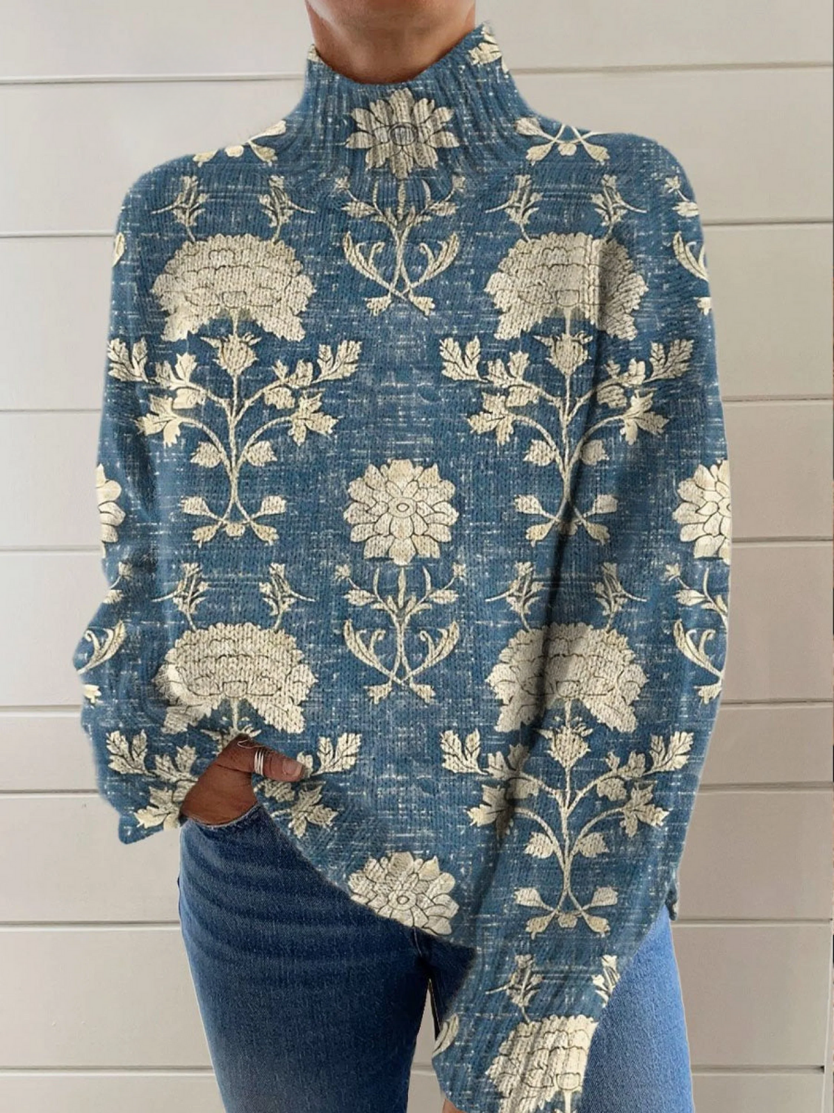 Kobiety Vintage Uroczy Kwiatowy Wzór Szydełkowy Golfowy Sweter