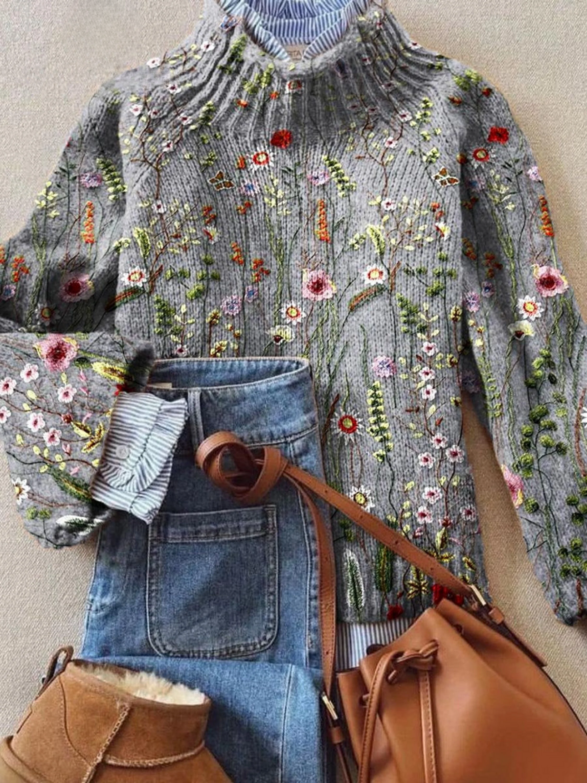 Damski vintage sweter z pięknym kwiatowym nadrukiem i golfem