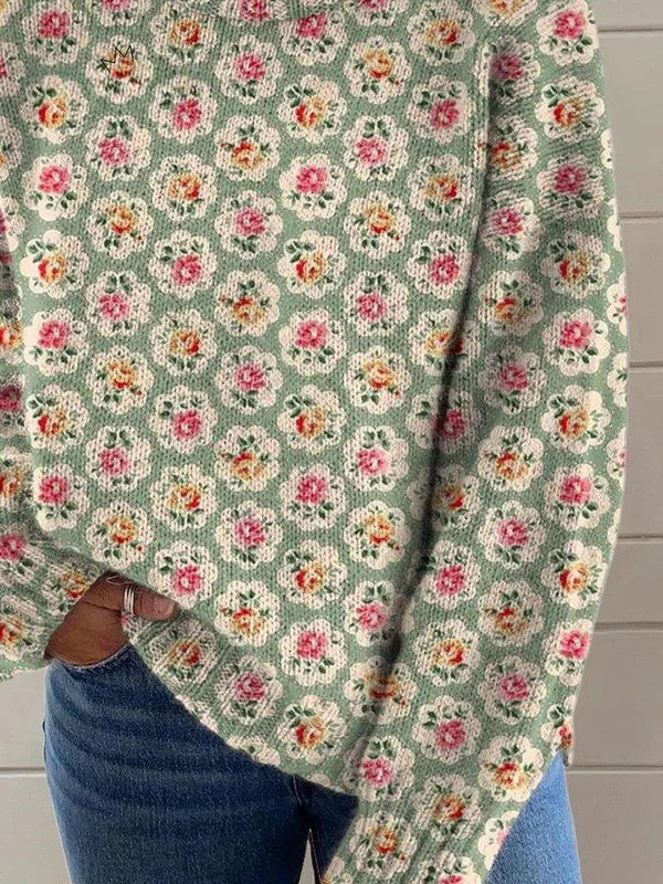 Damski sweter z pięknym kwiatowym nadrukiem i golfem