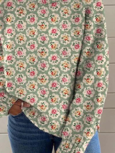 Damski sweter z pięknym kwiatowym nadrukiem i golfem