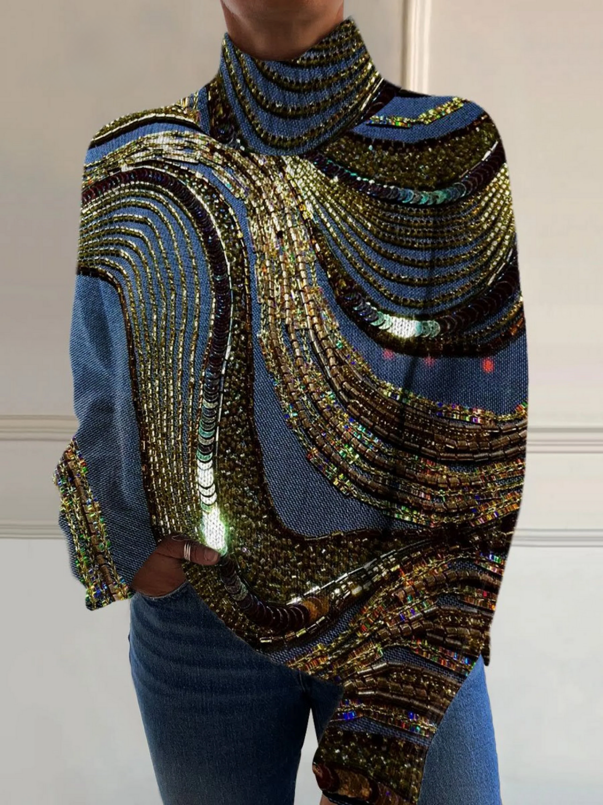 Luksusowy Sweter z Dzianiny z Wzorem Bead Art z Golfem