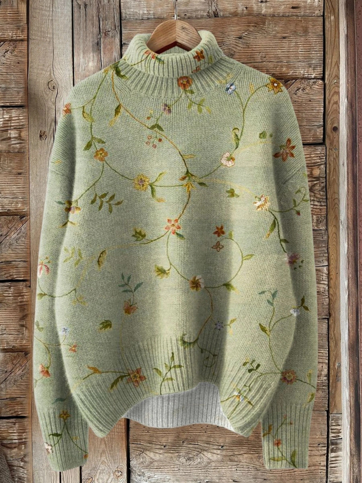 Vintage Uroczy Kwiatowy Druk Szydełkowy Golf Sweter