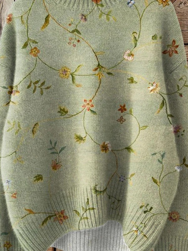 Vintage Uroczy Kwiatowy Druk Szydełkowy Golf Sweter