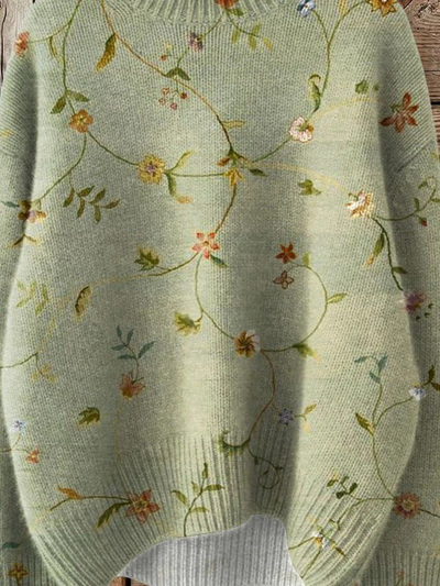 Vintage Uroczy Kwiatowy Druk Szydełkowy Golf Sweter