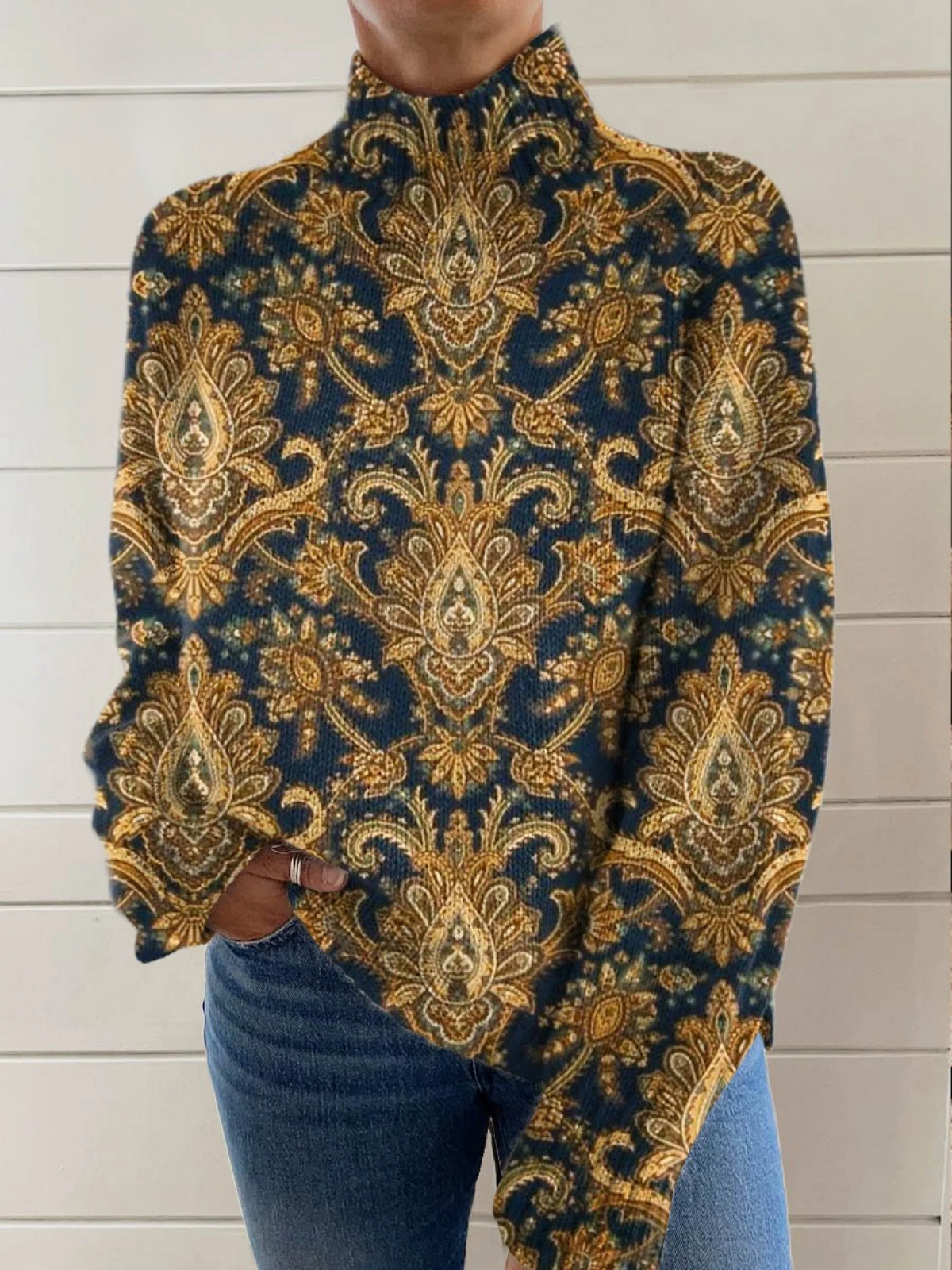 Kobiecy Vintage Uroczy Kwiatowy Wzór Sweter z Golfem