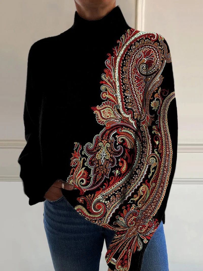 Sweter z Retro Wzorem z Długim Rękawem