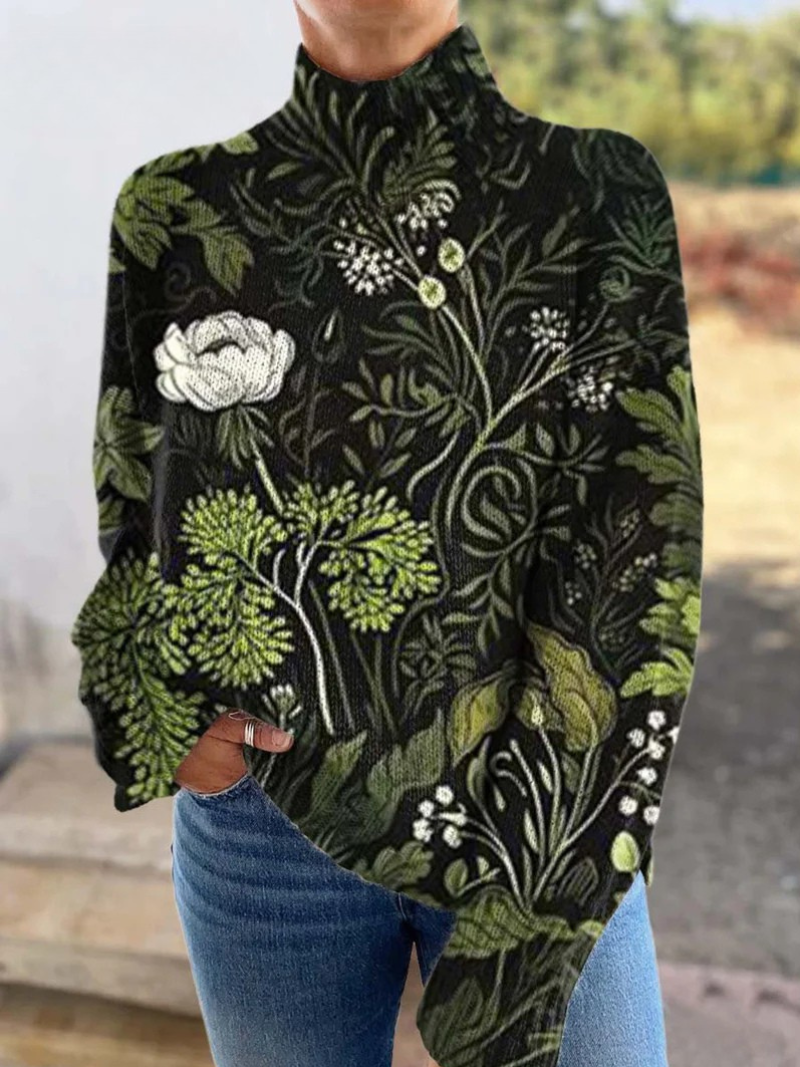 Damski sweter z vintage'owym kwiatowym nadrukiem i golfem